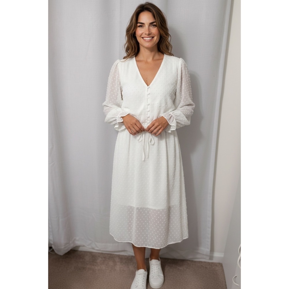 Tacera White Swiss Dot Long Sleeve V-Neck Midi Dress 11765CL-2401 Large